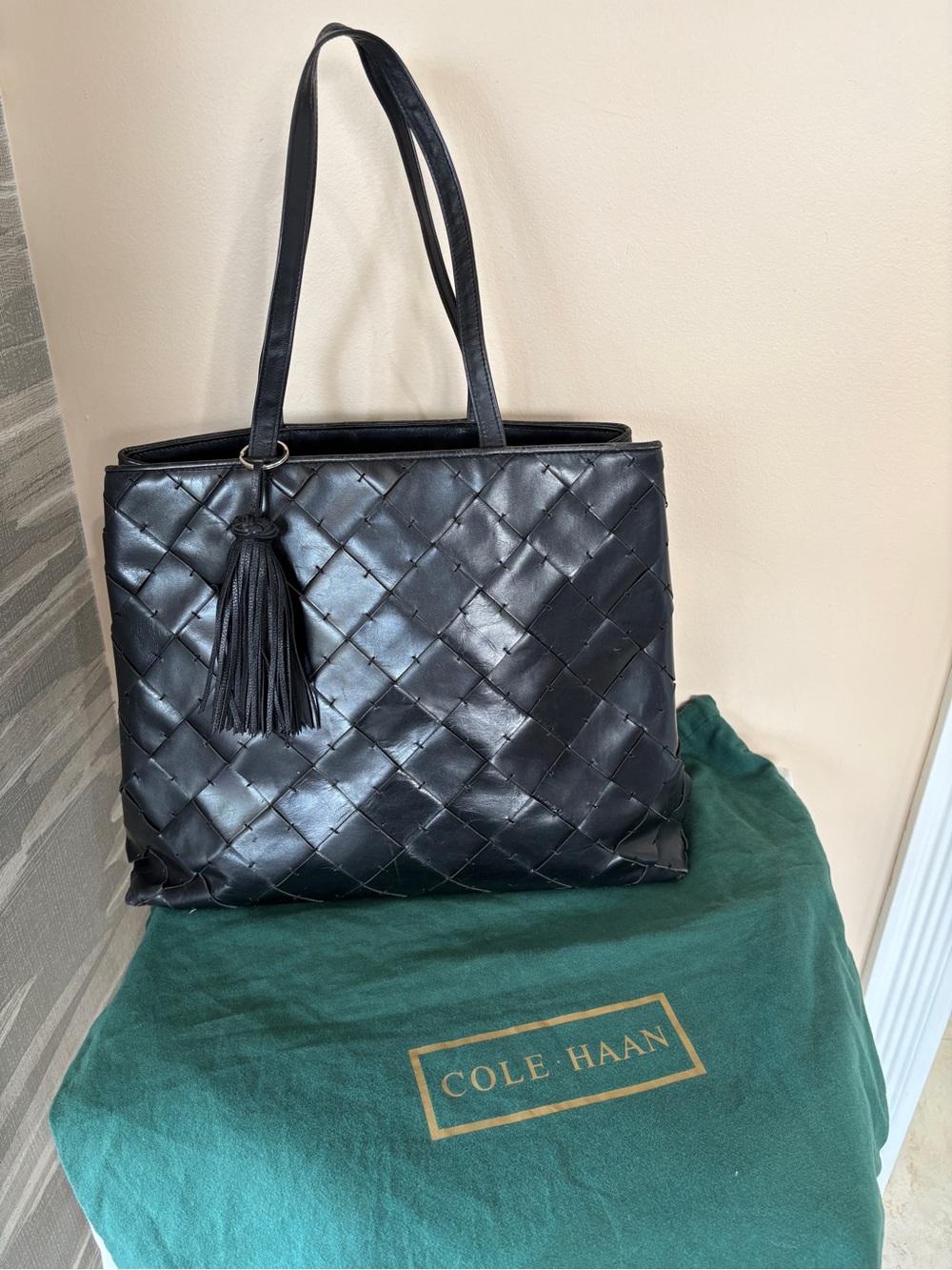 Cole Haan Black Woven Leather Tote with Tassel Accent